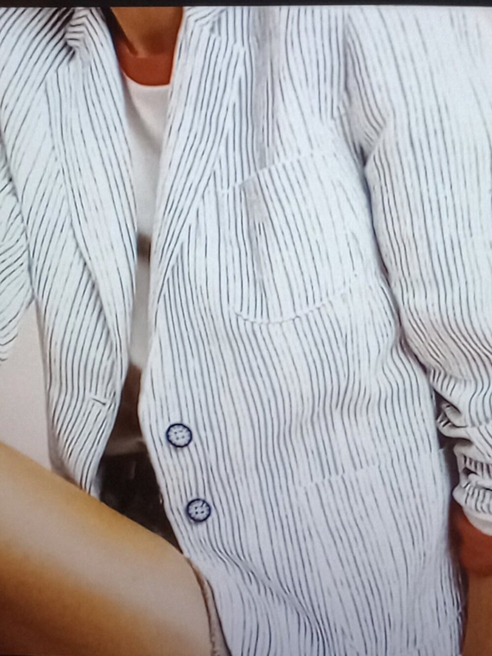 CARTONNIER by Anthropologie White Navy Stripe Linen Blazer Jacket